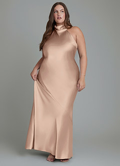 Azazie Velli Vestidos de damas de honor Vestido Gris Pardo de Satén Metálico de Corte Recto con Cuello alto image5
