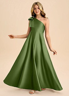 Azazie Penguin Junior Vestido de Enebro de Satén Elástico de Corte en A con Lazo image1