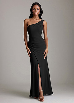 Azazie Madelyn Vestidos de damas de honor Vestido de Negro de Gasa de Corte Sirena Convertible con Hombro unilateral image6