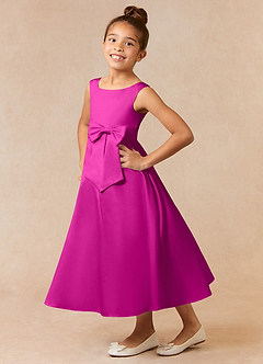Azazie Lindy Flower Girl Dresses Fuchsia A-Line Pleated Matte Satin Dress image1