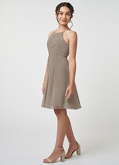 Azazie Ginny Junior Taupe A-Line Pleated Chiffon Dress image3