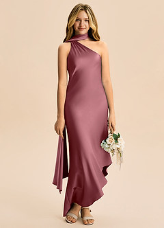 Azazie Briony Junior Vestido Rosa Do Deserto de Cetim elástico de Bainha com Plissado image5