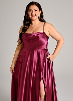 Azazie Elle Bridesmaid Dresses Burgundy A-Line with Pockets Metallic Satin Dress image6