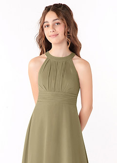 Azazie Linna Junior Vestido de Musgo Verde de Gasa de Corte En A con Plisado image4