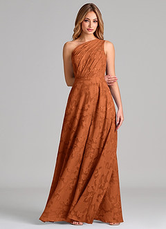 Azazie Phaedra Abiti da Damigella Abito A-Line in Burnout Floreale Monospalla Arancia Bruciata image4