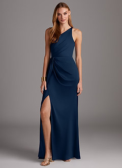 Azazie Mika Bridesmaid Dresses Dark Navy Sheath One Shoulder Stretch Satin Dress image3