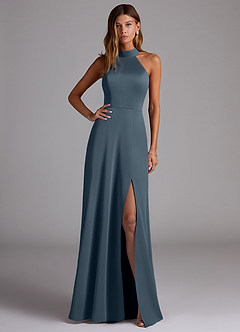 Azazie Myra Bridesmaid Dresses Twilight A-Line Side Slit Stretch Satin Dress image1