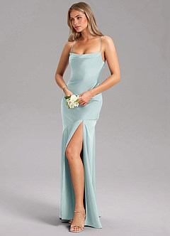 Azazie Grata Bridesmaid Dresses Mist Sheath Side Slit Stretch Satin Dress image4