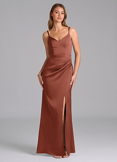 Azazie Leo Final Sale Auburn Sheath Pleated Stretch Satin Dress image1