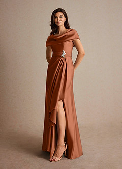 Azazie Branford At-home Try On Dresses Copper A-Line Pleated Stretch Satin Dress image8