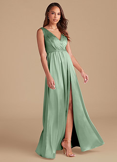 Azazie Tanicia Bridesmaid Dresses Matcha A-Line Pleated Metallic Satin Dress image4