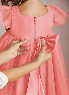 Azazie Kalio Flower Girl Dresses Coral A-Line with Sleeves Tulle Dress image4
