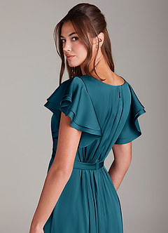 Azazie Daphne Modest Bridesmaid Dresses A-Line Ruched Stretch Satin Floor-Length Dress image2