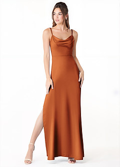 Azazie Alaija Bridesmaid Dresses Cinnamon Mermaid Side Slit Stretch Satin Dress image2