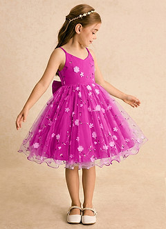 Azazie Junebug Blumenmädchenkleider Ballkleid Spaghetti Riemen Tüll Kleid Fuchsia image4