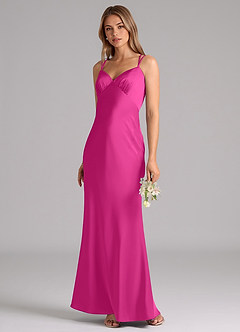 Azazie Suttona Vestidos de damas de honor Vestido de Fucsia de Satén Elástico de Corte en A con Plisado image4