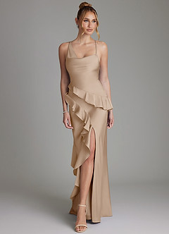 Azazie Jayda Bridesmaid Dresses Taupe A-Line Ruched Stretch Satin Dress image4