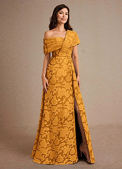 Azazie Milton Mother of the Bride Dresses Butterscotch A-Line Pleated Floral Burnout Dress image5