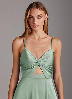 Azazie Jenna Bridesmaid Dresses Agave A-Line Pleated Stretch Satin Dress image6