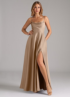 Azazie Elle Bridesmaid Dresses Taupe A-Line Pleated Stretch Satin Dress image3