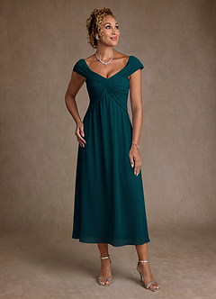 Azazie Mirta 신부의 어머니 드레스 A라인 주름진 플로럴 번아웃 티 길이 드레스 image1