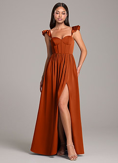 Azazie Denisse Bridesmaid Dresses Burnt Orange A-Line Ruched Stretch Satin Dress image1
