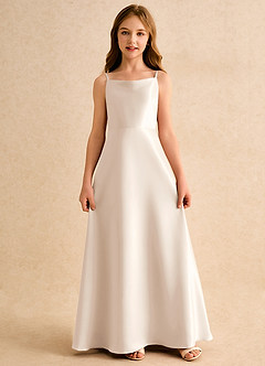 Azazie Joella Junior Formal Jurken voor bloemenmeisjes A-Lijn Jurk van Mat Satijn Geplooid Wit Albast image5