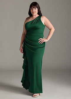 Azazie Latrice Vestidos de damas de honor Vestido de Verde Oscuro de Satén Elástico de Corte Recto con Volantes en cascada Un hombro image8