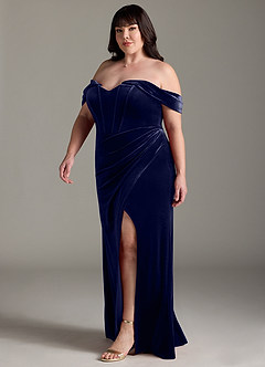 Azazie Jas Robes de demoiselle d'honneur Robe Fourreau Convertible en velours Schulterfreies Korsett Bleu Marine Foncé image13