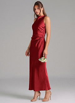 Azazie Evadne Bridesmaid Dresses Scarlet Sheath Pleated Stretch Satin Dress image1
