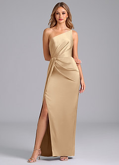 Azazie Naria Robes de demoiselle d'honneur Robe Fourreau en Satin extensible Ue épaule Champagne image3