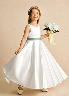 Azazie Cherry Flower Girl Dresses Ivory Silver Sage Ball-Gown Pleated Matte Satin Dress image3