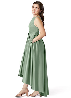 Azazie Inaya Junior Matcha A-Line with Belt Stretch Satin Dress image3