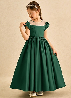 Azazie Toffee vestidos de niña de las flores Vestido de Verde Oscuro de Satin Mate de Corte Princesa con Lazo image4