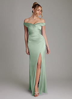 Azazie Teyana Jurken voor bruidsmeisjes Jurk van Stretch Satijn met Kolom Off the Shoulder Agave image1