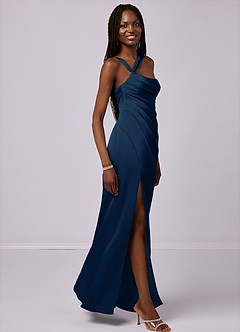 Barbie ♥ Azazie Robes de demoiselle d'honneur Robe Sirène en Satin extensible Ue épaule Bleu Marine Foncé image5
