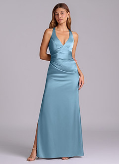 Azazie Amelie Vestidos de damas de honor Vestido de Azul Acero de Satén Elástico de Corte en A con Plisado image4