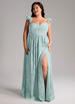 Azazie Denisse Vestidos de damas de honor Vestido de Neblina de Devorado Floral de Corte en A con Volante image9