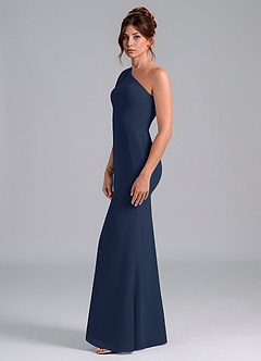Azazie Rinna Vestidos de damas de honor Vestido de Azul Marino Oscuro de Gasa de Corte Sirena con Hombro unilateral image4