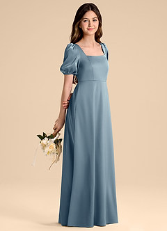 Azazie Briar Junior Vestido de Azul Polvoriento de Satén Elástico de Corte en A con Lazo image6