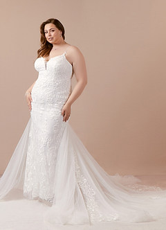 Azazie Josephine At-home Try On Dresses Diamond White Mermaid V-Neck Sequins Tulle Dress image10
