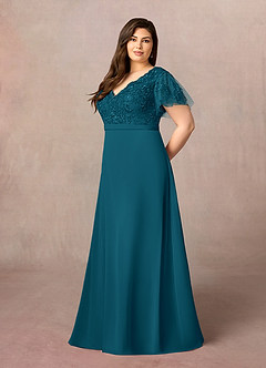 Azazie Singer Mother of the Bride Dresses Ink Blue A-Line V-Neck Lace Chiffon Dress image8