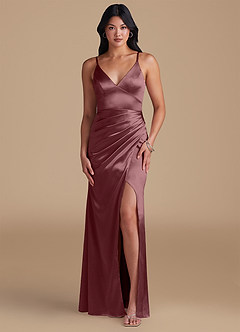 Azazie Shania Bridesmaid Dresses Vintage Mauve Sheath Pleated Metallic Satin Dress image1