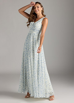 Azazie Keyla Bridesmaid Dresses Blue And White Ditsy Floral A-Line V-Neck Pleated Chiffon Dress image4