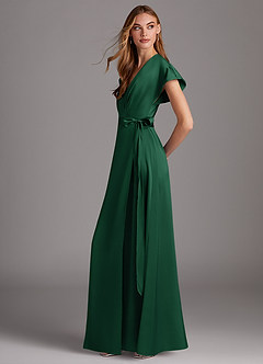 Azazie Nico Bridesmaid Dresses Dark Green A-Line V-Neck Stretch Satin Dress image2