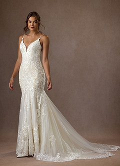 Azazie Camlynn Wedding Dresses Diamond White Champagne Mermaid V-Neck Sequins Tulle Dress image3