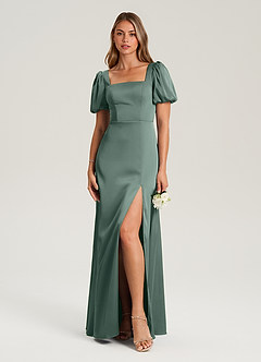Azazie Fyona Vestidos de madrinha de casamento Vestido Musgo Marinho de Cetim elástico de Linha A com Plissado image4