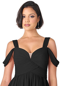 Azazie Lianne Bridesmaid Dresses Black A-Line Off the Shoulder Chiffon Dress image5