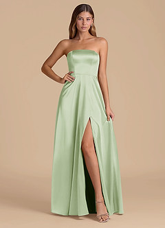 Azazie Wren 신부 들러리 드레스 A라인 스트랩리스 메탈릭 새틴 바닥 길이 드레스 image1