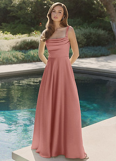Azazie Shaude Bridesmaid Dresses Rosette A-Line Pleated Stretch Satin Dress image4